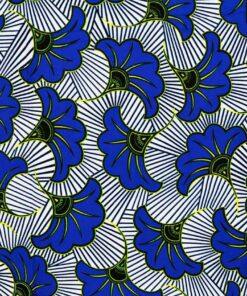 <br/>La Belle Hollandaise Wax Fabric with intense blue flowers on a white background