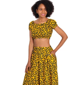African two-piece set in wax fabric with macaroni print in yellow tones and vibrant design.
