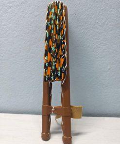 Ancestral Forest African Fan made from authentic 100% African wax cotton fabric, featuring a pattern inspired by African nature, a wooden handle, and leather details.<br/> <br/> <br/>