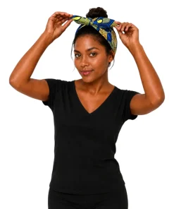 Golden Orbit Wire Turban made from African wax fabric.