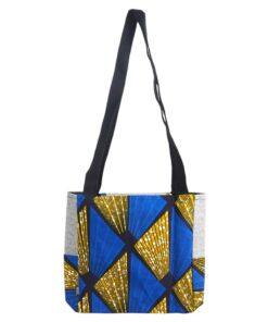 Artisan African wax bag in vibrant blue geometric tones