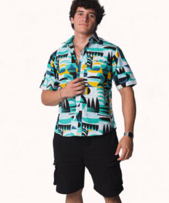 Camisa africana estampada geométrico marino en tonos azules con patrón étnico