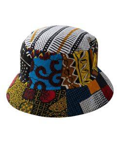Mosaic Wax Hat made with African fabric featuring colorful geometric patterns and modern Afro style.