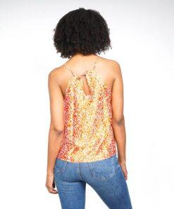 Flowy satin halter top for women with a modern print by Afrika Color, Tribal Orange style