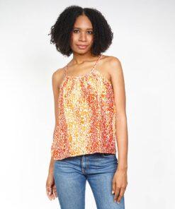 Flowy satin halter top for women with a modern print by Afrika Color, Tribal Orange style