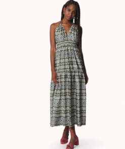 Vestido largo verde con estampado de grecas étnicas